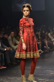 Model displays designer Neeta Lulla's creation during the Lakme Fashion Week Day 4 in Mumbai. .