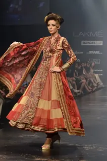 Model displays designer Neeta Lulla's creation during the Lakme Fashion Week Day 4 in Mumbai. .