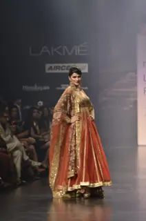 Model displays designer Neeta Lulla's creation during the Lakme Fashion Week Day 4 in Mumbai. .
