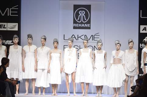Model displays designer Rehane's creation during the Lakme Fashion Week Day 4 in Mumbai. .