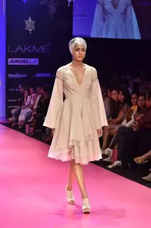 Model displays designer Wendell Rodricks's creation during the Lakme Fashion Week Day 4 in Mumbai. .