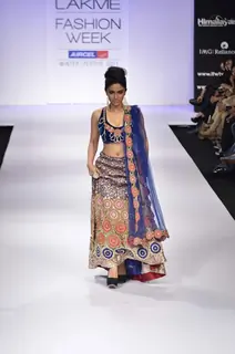 Model displays designer Nandita Thirani's creation during the Lakme Fashion Week Day 5 in Mumbai. .