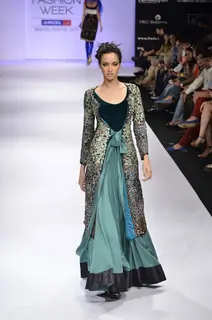 Model displays designer Nandita Thirani's creation during the Lakme Fashion Week Day 5 in Mumbai. .