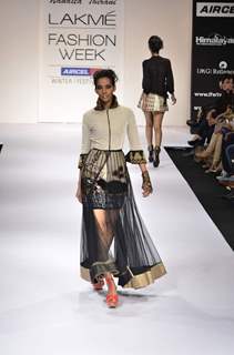 Model displays designer Nandita Thirani's creation during the Lakme Fashion Week Day 5 in Mumbai. .