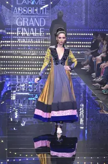 Model showcase creation by designer Manish Malhotra during the Lakme Fashion Week Day 5 in Mumbai. .