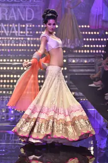 Model showcase creation by designer Manish Malhotra during the Lakme Fashion Week Day 5 in Mumbai. .