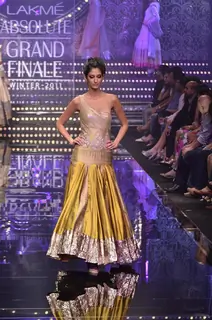 Model showcase creation by designer Manish Malhotra during the Lakme Fashion Week Day 5 in Mumbai. .