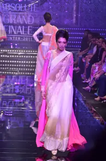 Model showcase creation by designer Manish Malhotra during the Lakme Fashion Week Day 5 in Mumbai. .