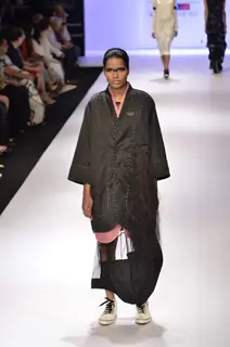 Model displays designer Kallol Datta's creation during the Lakme Fashion Week Day 5 in Mumbai. .