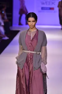 Model displays designer Kallol Datta's creation during the Lakme Fashion Week Day 5 in Mumbai. .