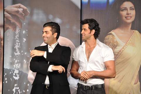 Karan Johar with Hrithik Roshan at 'Agneepath' trailer launch event at JW.Mariott