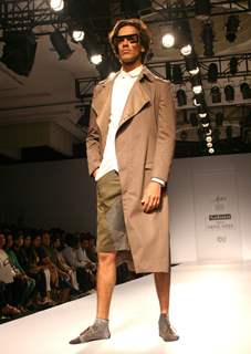 A model showcasing designer Ankita & Anjana Bhargav's creation at the Ven Heusen India Mens Week 2011, in New Delhi on Saturday. .