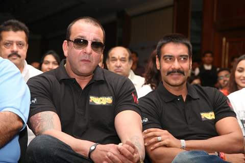 Sanjay Dutt and Ajay Devgn at Film 'Rascals' music launch at Hotel Leela in Mumbai