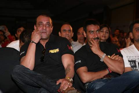 Sanjay Dutt and Ajay Devgn at Film 'Rascals' music launch at Hotel Leela in Mumbai