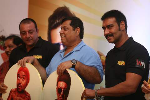 Sanjay Dutt, Ajay Devgn and David Dhawan at Film 'Rascals' music launch at Hotel Leela in Mumbai