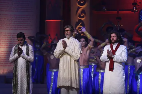 Amitabh Bachchan, Aadesh Shrivastava performs during the launch of album 'Shri Hanuman Chalisa'