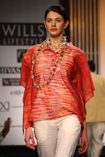 A Model showcasing designer Rajesh Pratap Singh's creation at the Wills Lifestyle India Fashion Week ,in New Delhi on Saturday. .