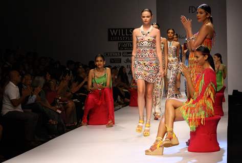 Models showcasing designer Malini Ramani's creations at Wills Lifestyle India Fashion Week, in New D
