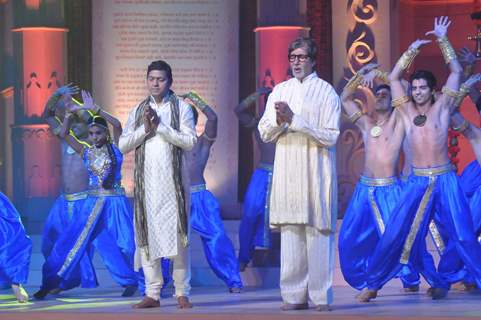 Amitabh Bachchan, Aadesh Shrivastava performs during the launch of album 'Shri Hanuman Chalisa'