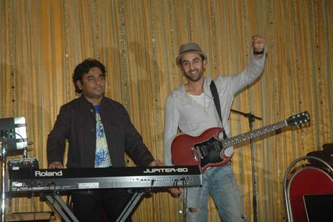 Ranbir Kapoor with A.R. Rahman for the film 'Rockstar' concert press meet at Santacruz in Mumbai