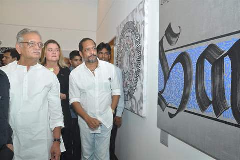 Lyricist Gulzar and Nana Patekar at Calligraphic Painting Exhibition 'Silver Calligraphy' in Mumbai