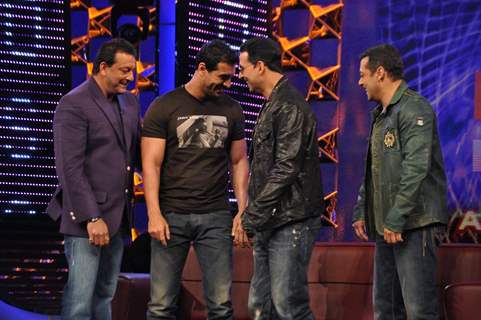 Akshay Kumar and John Abraham promote their film ‘Desi Boyz’ on the sets of Bigg Boss Season 5 with Salman Khan and Sanjay Dutt at ND Studios in Karjat