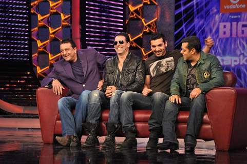 Akshay Kumar and John Abraham promote their film ‘Desi Boyz’ on the sets of Bigg Boss Season 5 with Salman Khan and Sanjay Dutt at ND Studios in Karjat