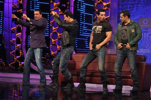 Akshay Kumar and John Abraham promote their film ‘Desi Boyz’ on the sets of Bigg Boss Season 5 with Salman Khan and Sanjay Dutt at ND Studios in Karjat