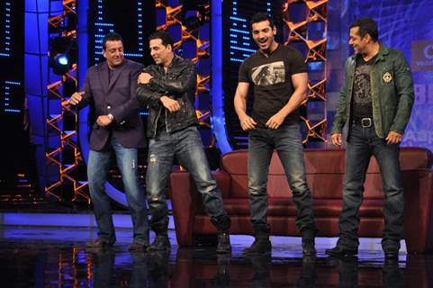 Akshay Kumar and John Abraham promote their film ‘Desi Boyz’ on the sets of Bigg Boss Season 5 with Salman Khan and Sanjay Dutt at ND Studios in Karjat