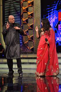 Vidya Balan with Sanjay Dutt on the set of &quot;Bigg Boss Season 5&quot; to promote her movie The Dirty Pictu
