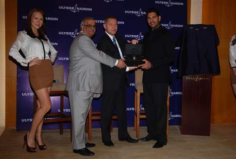 Indian cricketer Yuvraj Singh poses during the unveiling of 'Ulysse Nardin' limited edition watches in Mumbai