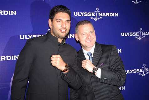 Indian cricketer Yuvraj Singh poses during the unveiling of 'Ulysse Nardin' limited edition watches in Mumbai