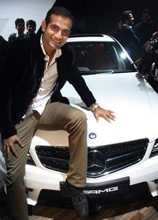 Cricketer Irfan Khan Pathan with the Mercedes, at Auto Expo 2012 in New Delhi