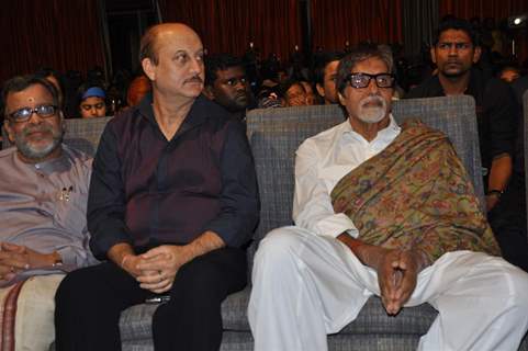 Amitabh, Anupam listen to Kailash Kher during the release of his new album &quot;Kailasha Rangeele&quot;