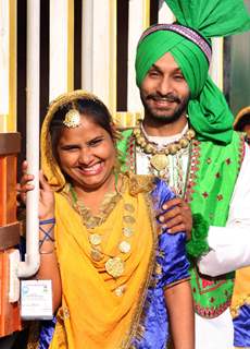 Folk artists form Punjab at the press preview of tableaux participating in Republic Day Parade,in New Delhi. .