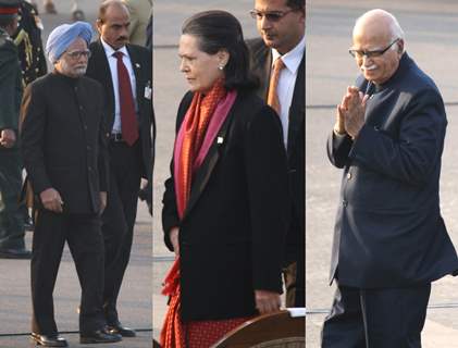 Prime Minister Manmohan Singh,UPA Chairperson Sonia Gandhi and BJP leader L K Advani at the Beating Retreat Ceremony at Vijay Chowk on Sunday New Delhi,29 Jan 2012. .