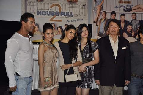 John Abraham, Zarine Khan, Jacqueline Fernandez and Randhir Kapoor at Housefull 2 first look launch, Cinemax, Mumbai. .