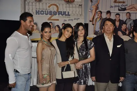 John Abraham, Zarine Khan, Jacqueline Fernandez and Randhir Kapoor at Housefull 2 first look launch, Cinemax, Mumbai. .
