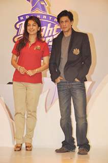 The Baadshah of Bollywood Shahrukh Khan and actress Juhi Chawla launched the new look and the new logo of their Indian Premier League team Kolkata Knight Riders.  .