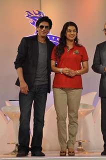 Bollywood Actors Shahrukh Khan & Juhi Chawla with husband Jai Mehta at the announcement of KKR Marketing Campaign in Mumbai