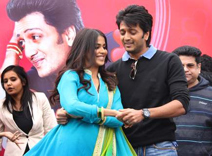 Bollywood actors Genelia D'Souza and Ritesh Deshmukh at a promotional event of their film &quot;Tere Naal Love ho Gaya&quot;, in New Delhi on  Valentine Day 14 Feb 2012. .