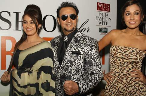Bollywood actors Gulshan Grover, Mahima Chaudhary and Monica Dogra at the Wills Lifestyle India Fashion week 2012,in New Delhi on Wednesday. .