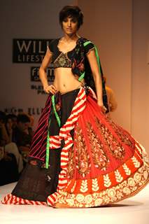 A model displays a creation by designer Anupama Dayal at the Wills Lifestyle India Fashion week 2012,in New Delhi on Wednesday. .