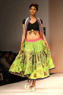 A model displays a creation by designer Anupama Dayal at the Wills Lifestyle India Fashion week 2012,in New Delhi on Wednesday. .