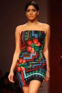 A model displays a creation by designers Pankaj and Nidhi at the Wills Lifestyle India Fashion week 2012,in New Delhi on Friday. .