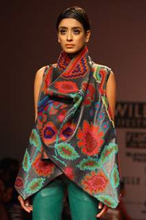 A model displays a creation by designers Pankaj and Nidhi at the Wills Lifestyle India Fashion week 2012,in New Delhi on Friday. .