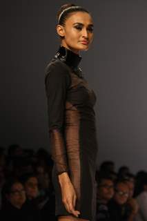 A model displays a creation by designer Rahul Mishra at the Wills Lifestyle India Fashion week 2012,in New Delhi on Saturday. .