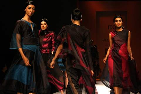 Models displays a creations by designer Rahul Mishra at the Wills Lifestyle India Fashion week 2012,in New Delhi on Saturday. .