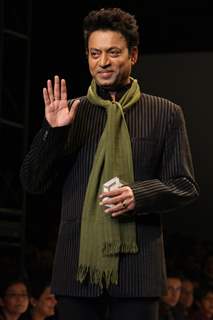 Bollywood actor Irfan Khan displays a creation by designer Meera Ali at the  Wills Lifestyle India Fashion week 2012,in New Delhi on Sunday. .