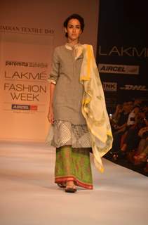 Model on the ramp for designer Protima Banerjee on Lakme Fashion Week day 3 in Mumbai. .